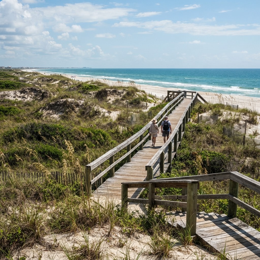 Sand dunes on Dauphin Island Alabama with protective sea oats vegetation and a wooden dune walkover boardwalk leading to the Gulf of Mexico beach, bright daylight