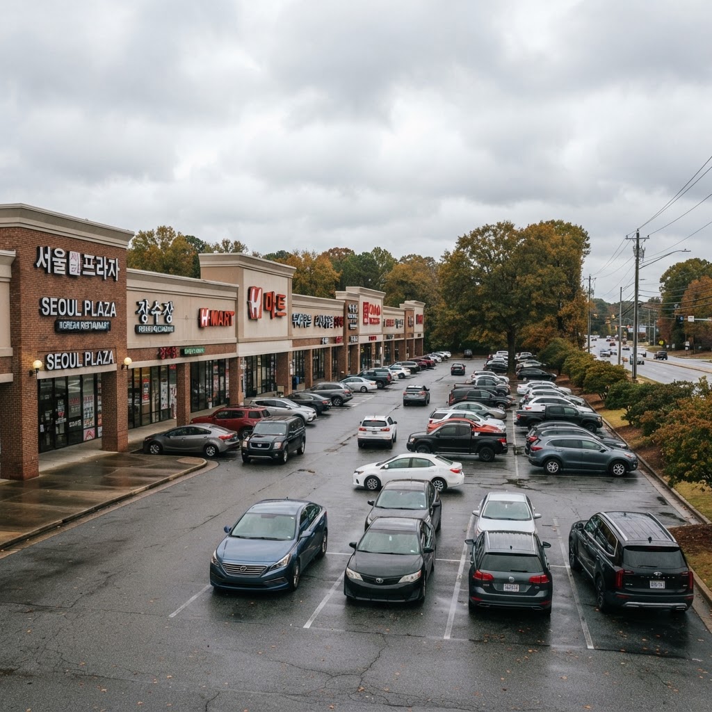 Korean businesses with bilingual signage along a suburban shopping corridor in Duluth, Georgia, representing the Korean-American commercial district along Pleasant Hill Road.