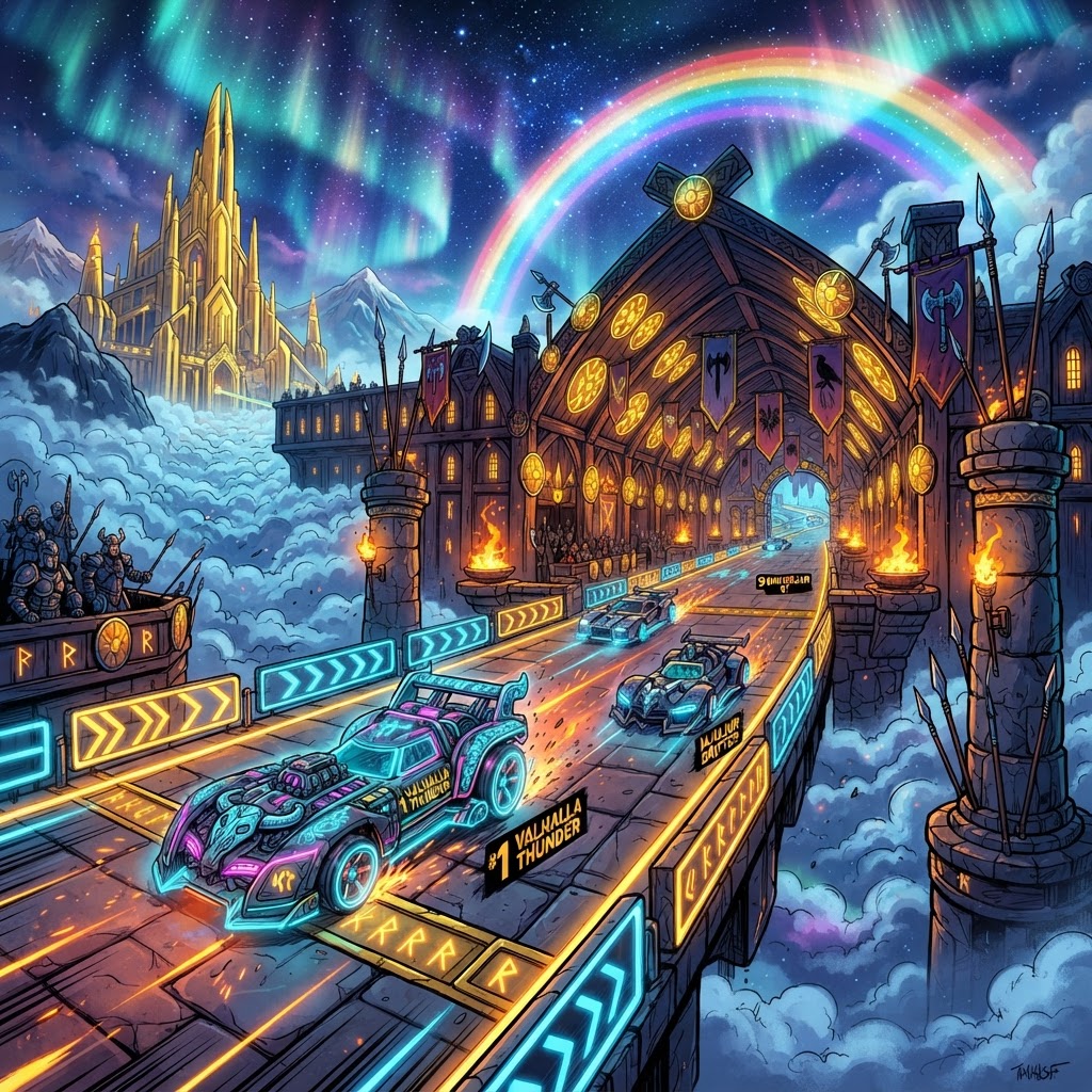 Gates of Valhalla — night racing track in Neon Drift