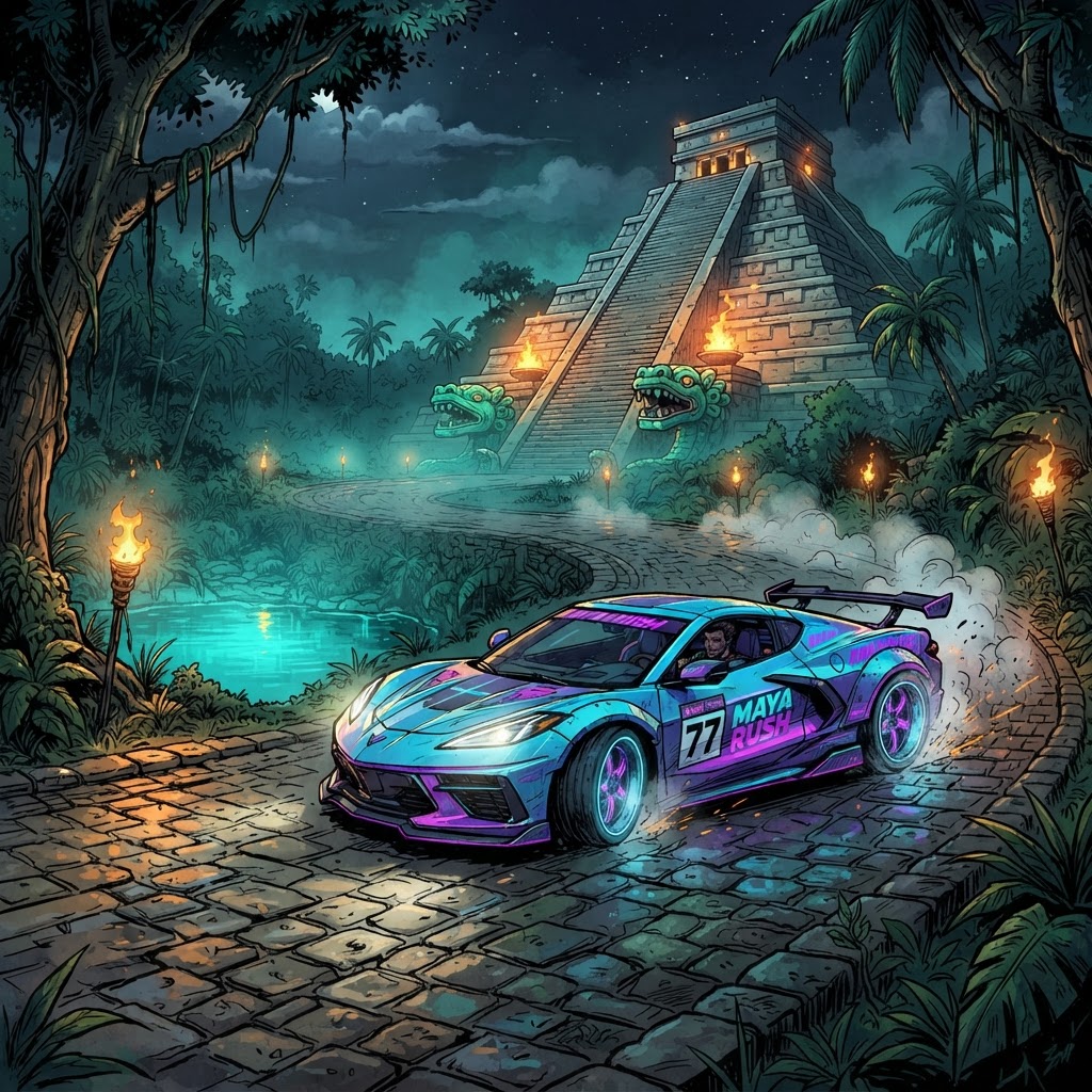 Maya Temple — A jungle circuit around El Castillo, through the Great Ball Court and past the sacred cenote — night racing track in Neon Drift