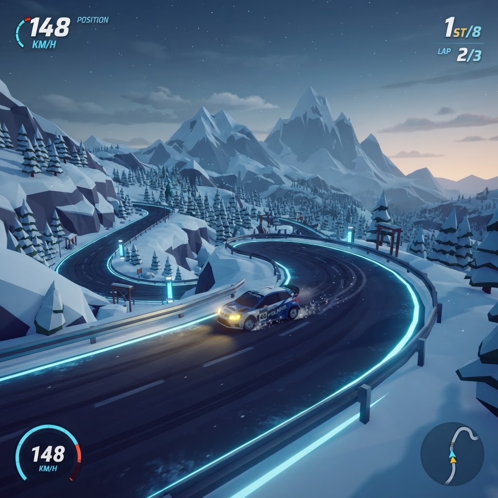 Snow Ridge — Icy climbs under frozen peaks — racing track in Neon Drift