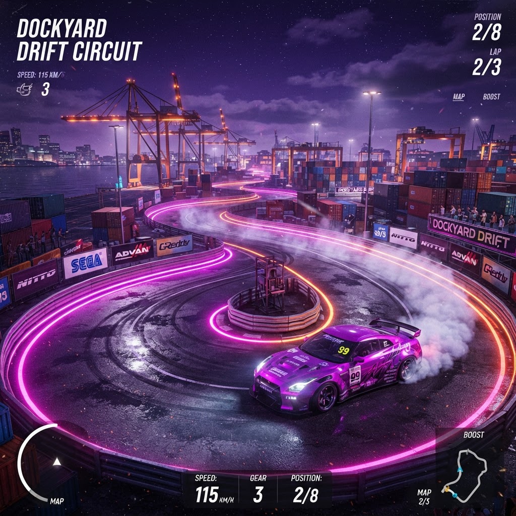 Drift Docks — Chained hairpins built for going sideways — racing track in Neon Drift