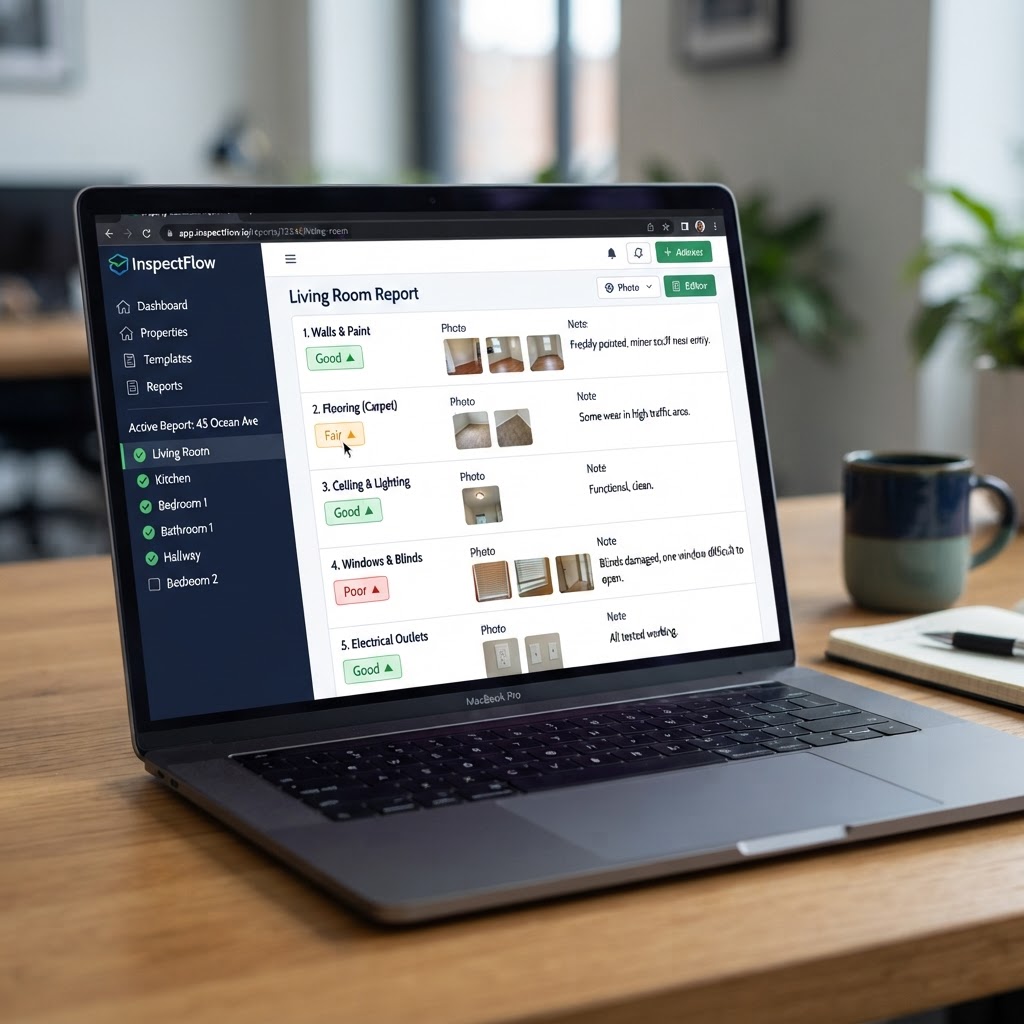 ConditionVault report editor showing rooms and condition ratings