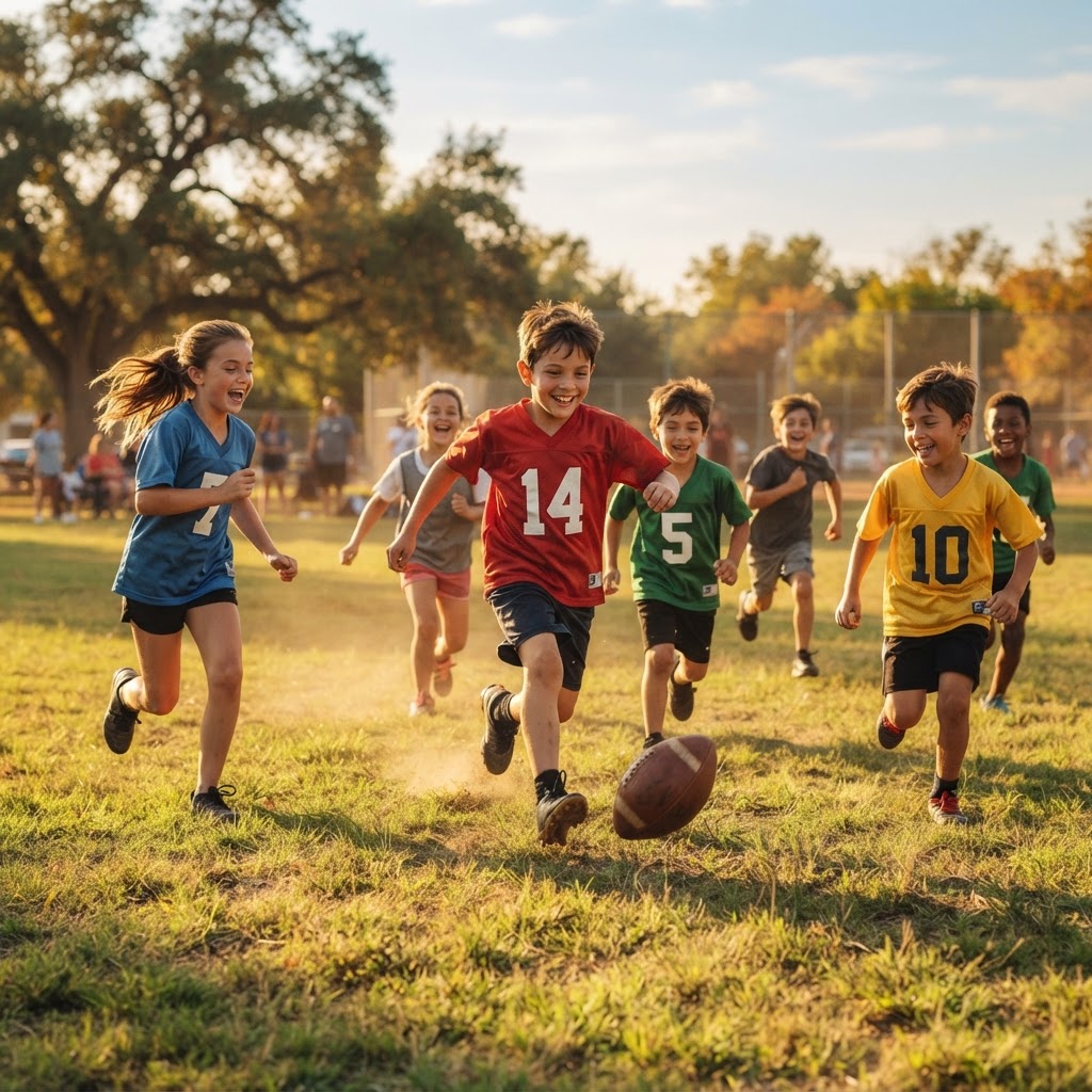 Children playing sport together outdoors