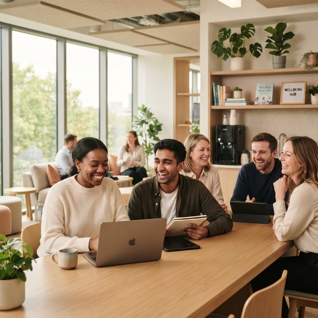 A small team in a bright office supported by workplace wellbeing and healthcare benefits