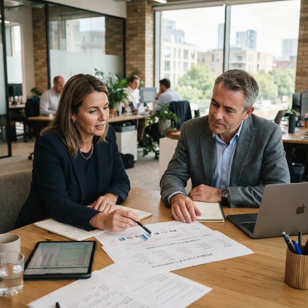 Two directors discussing financial commitments and reviewing a business plan together