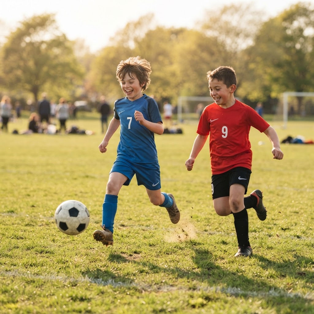 Children playing football together