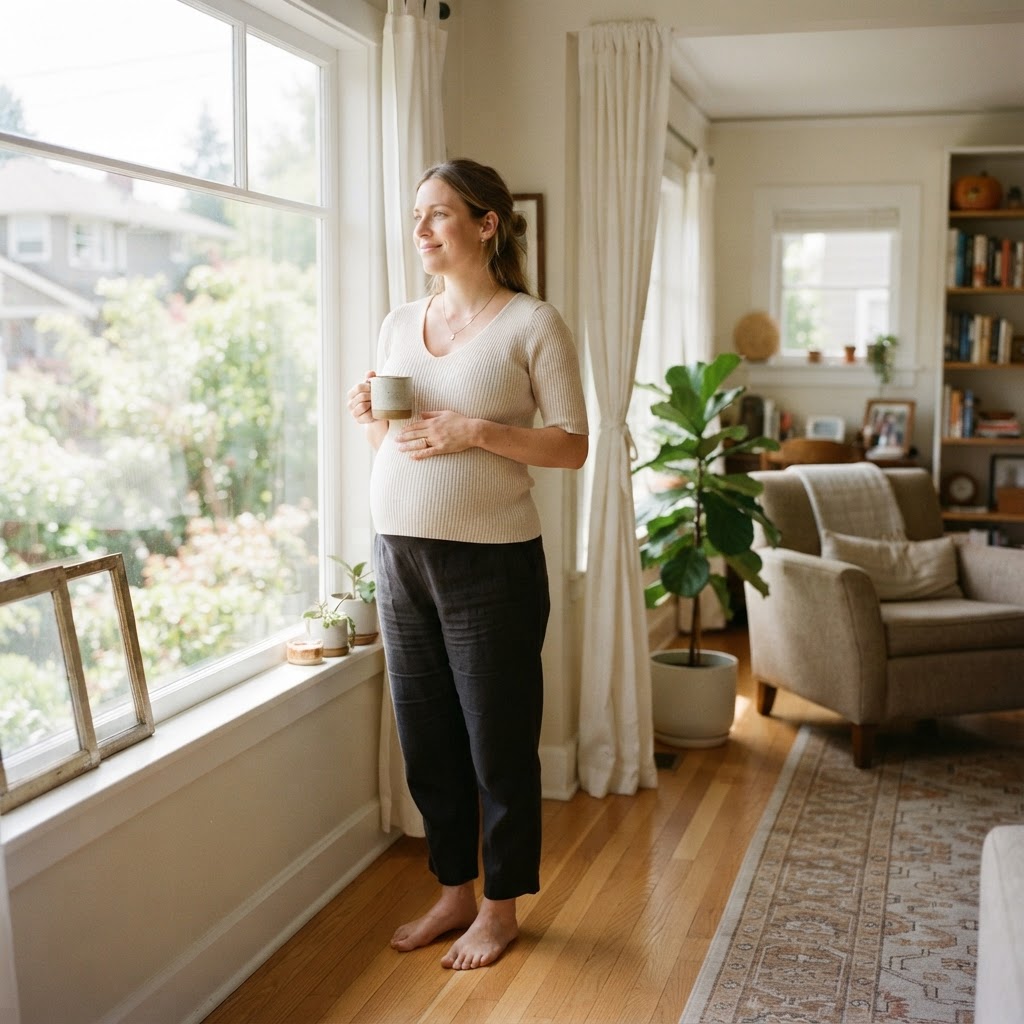 Pregnant mother by a sunlit window