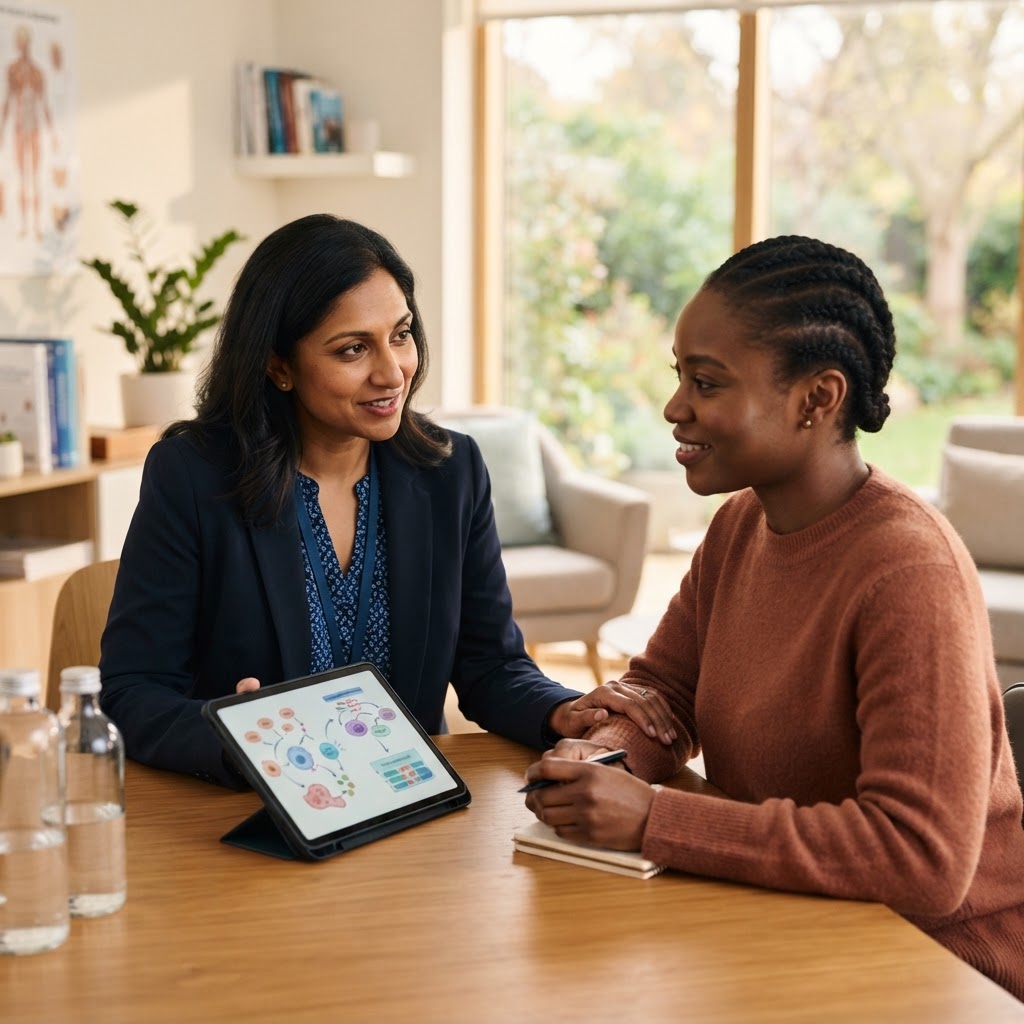 A patient discussing treatment options with an oncology specialist