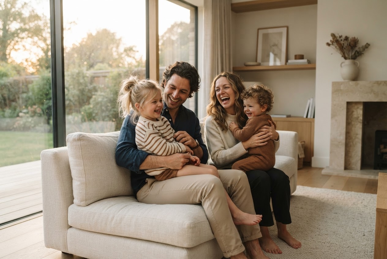 A family laughing together in a bright modern living room, symbolising family protection