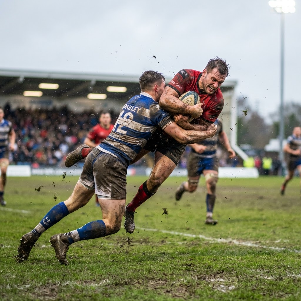 Rugby players making a tackle during a match