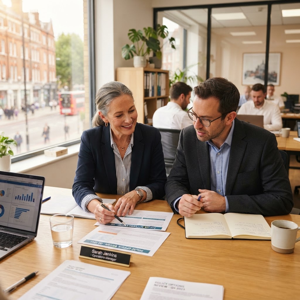 A senior employee and adviser reviewing policy options together