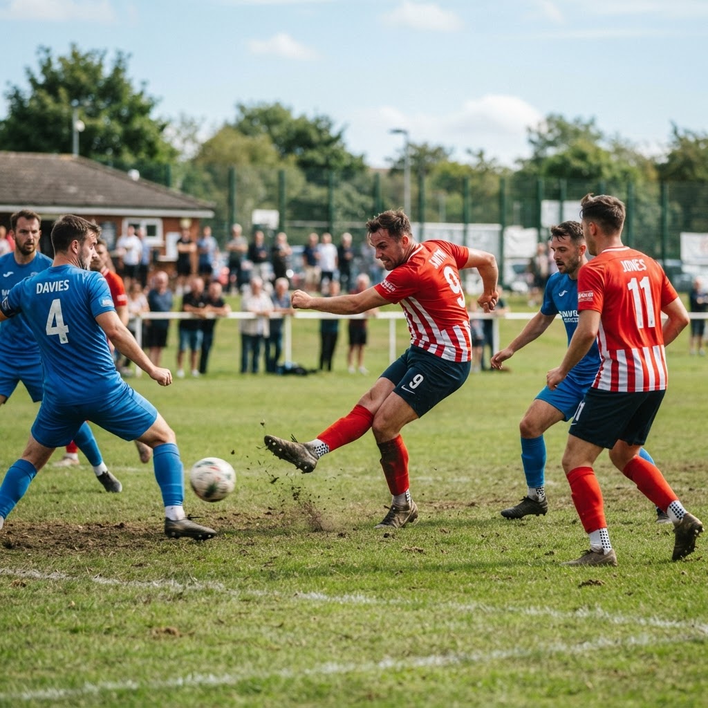 People playing football on a grass pitch
