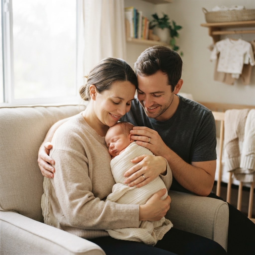 New parents holding their newborn at home