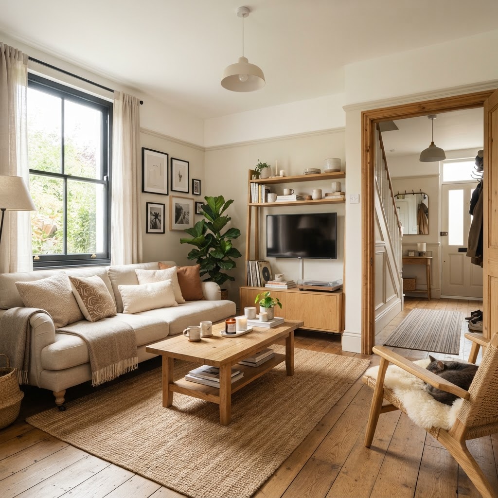 A bright living room in a stylish first home
