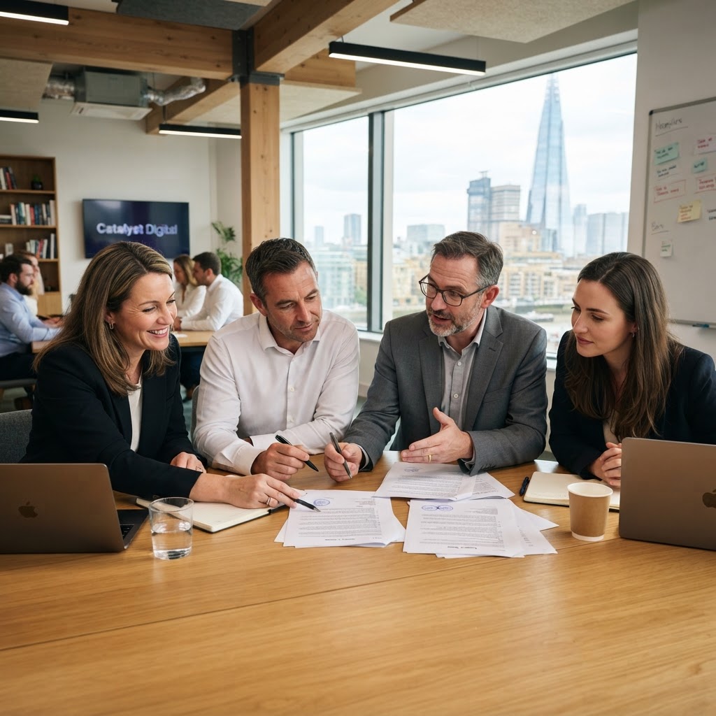 A small leadership team reviewing legal documentation together