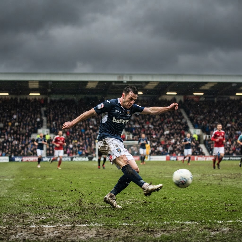 Footballer striking a ball during an outdoor match