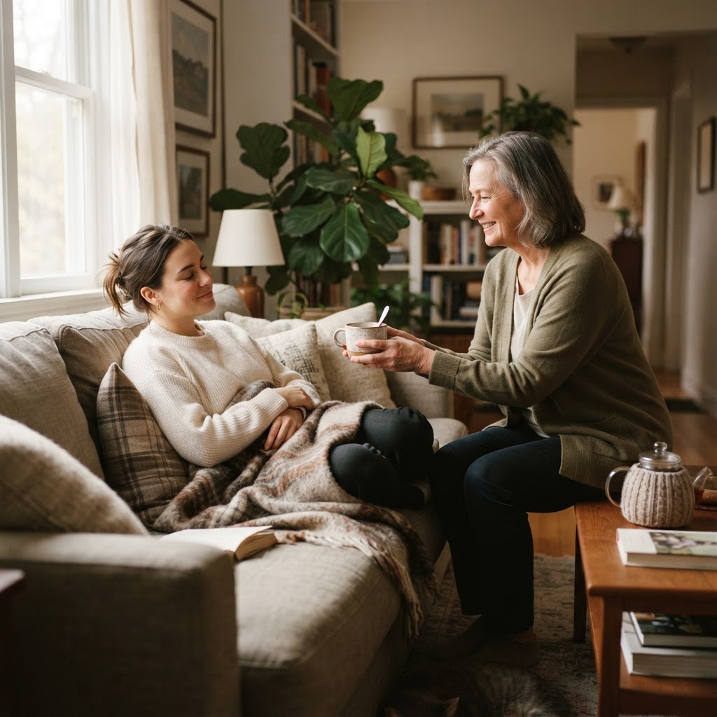 Family member bringing tea to someone resting at home