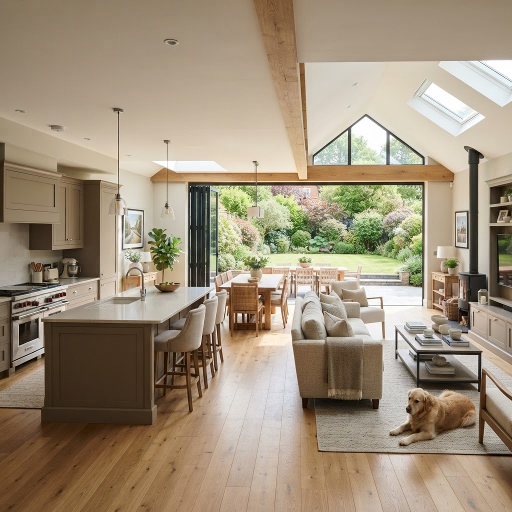 A spacious open-plan family home with a kitchen, dining and living area leading to the garden