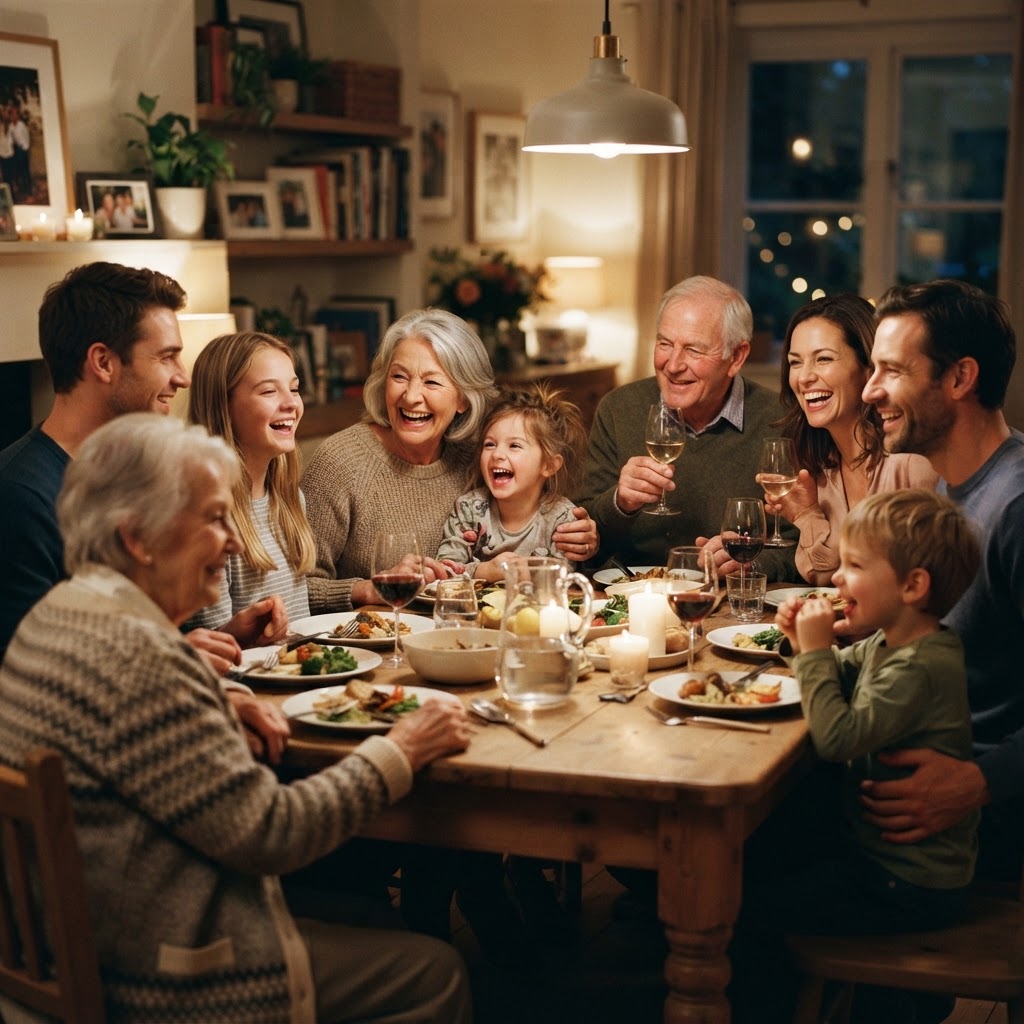 A multi-generational family sharing a meal together around the dinner table, representing legacy and protecting what matters for future generations