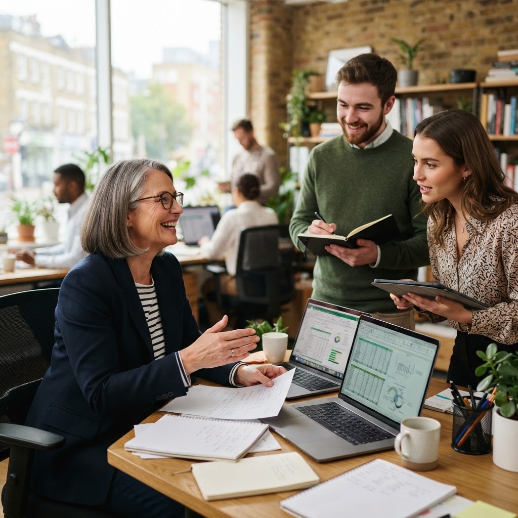 A key team member leading a discussion with colleagues in a modern office