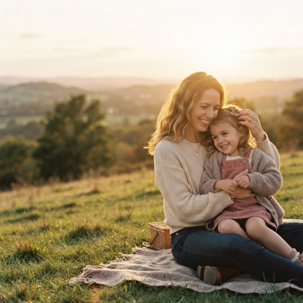 Mother embracing her child outdoors at golden hour