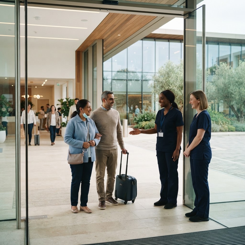 A patient and companion arriving at a modern international treatment centre