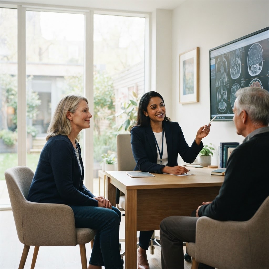 A cancer specialist reviewing diagnostic imaging with a patient and companion