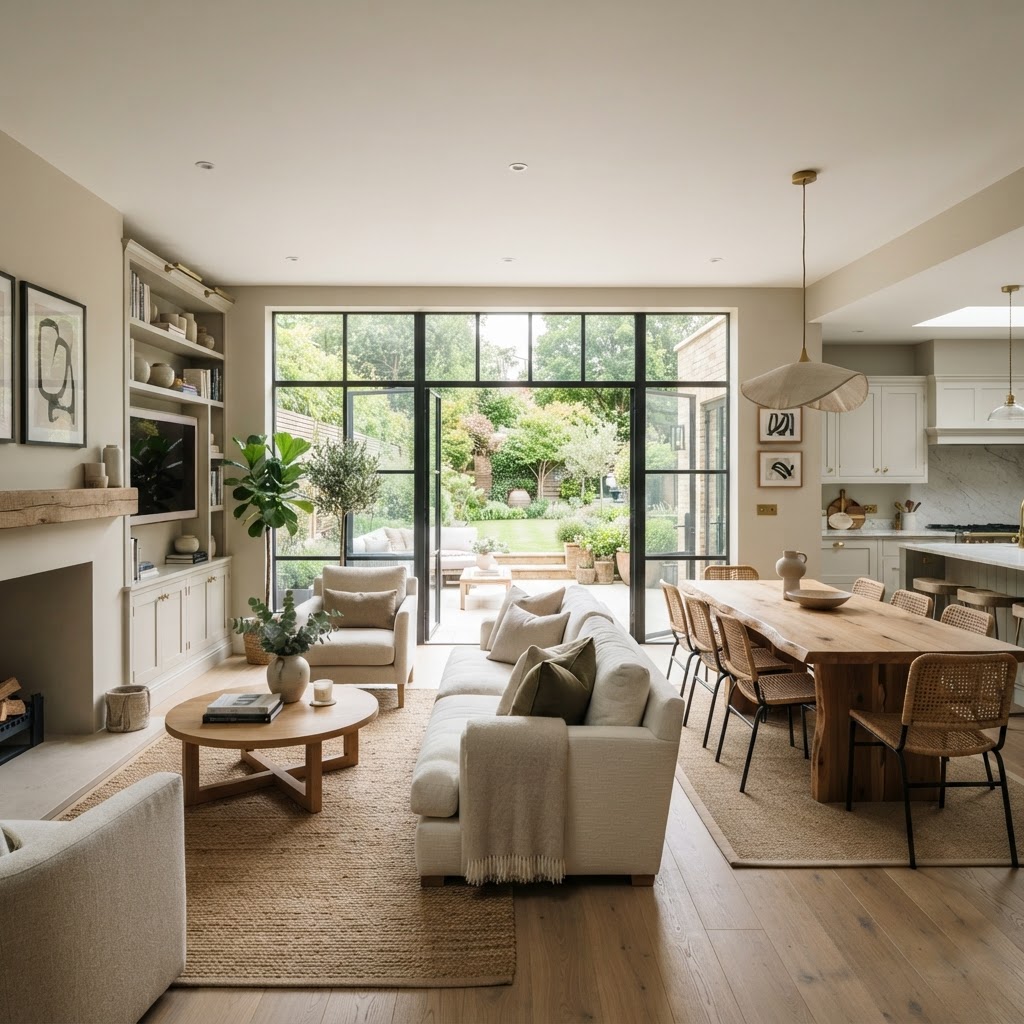 A bright, open-plan living and dining space with natural daylight
