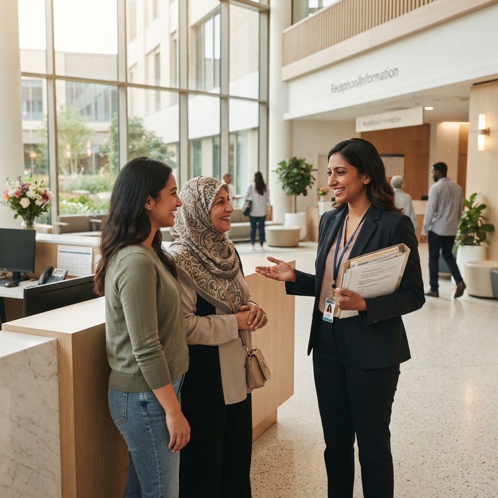 A medical coordinator welcoming a patient and companion at a modern international hospital