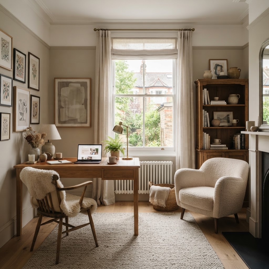 A stylish home office with natural daylight and tasteful interior details