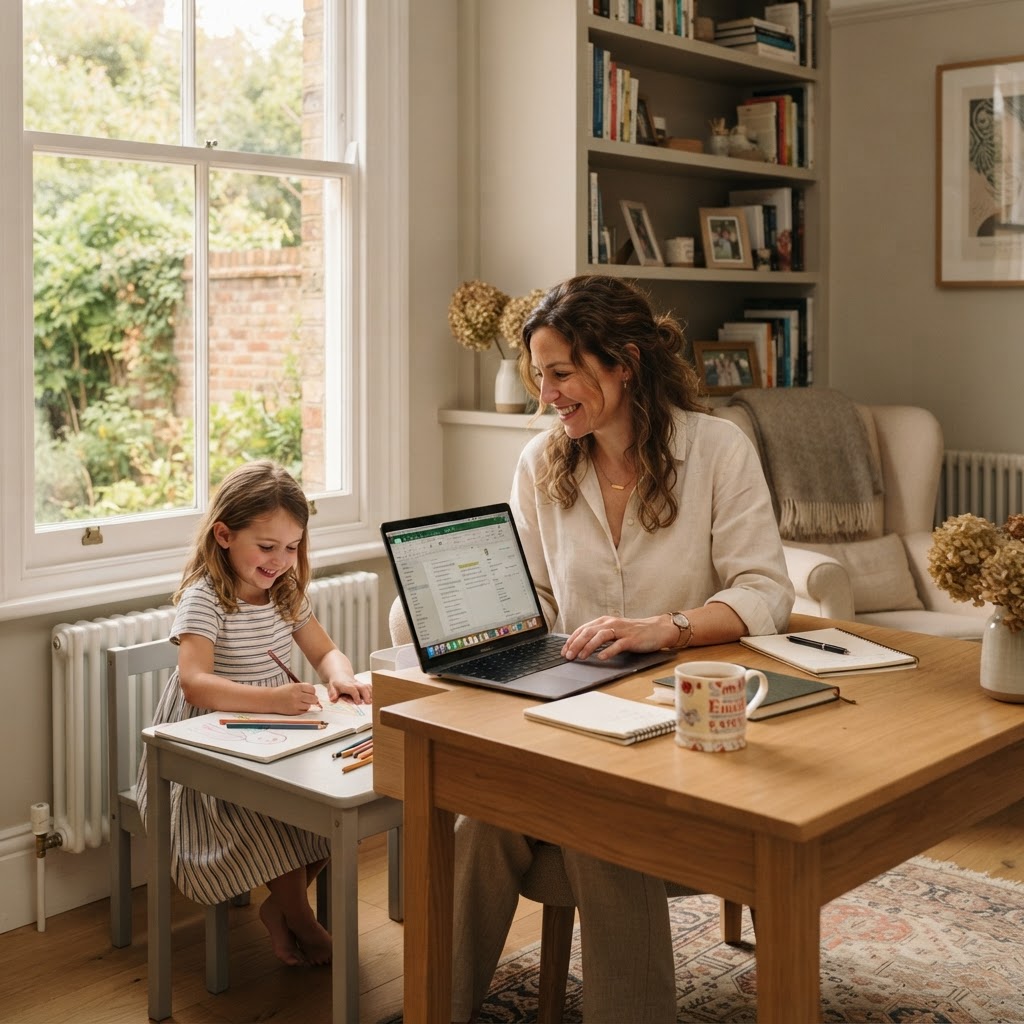 A company director balancing work and family life at a bright home office