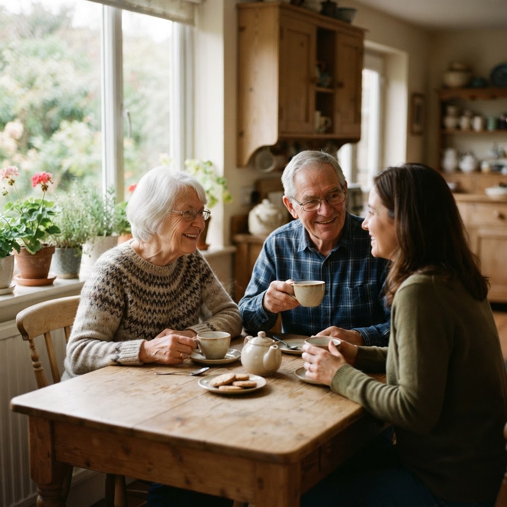 An older couple with their adult daughter sharing a moment together at home, representing trust and peace of mind