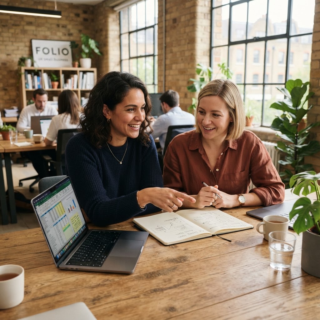 Two business partners and co-directors planning together at a meeting table