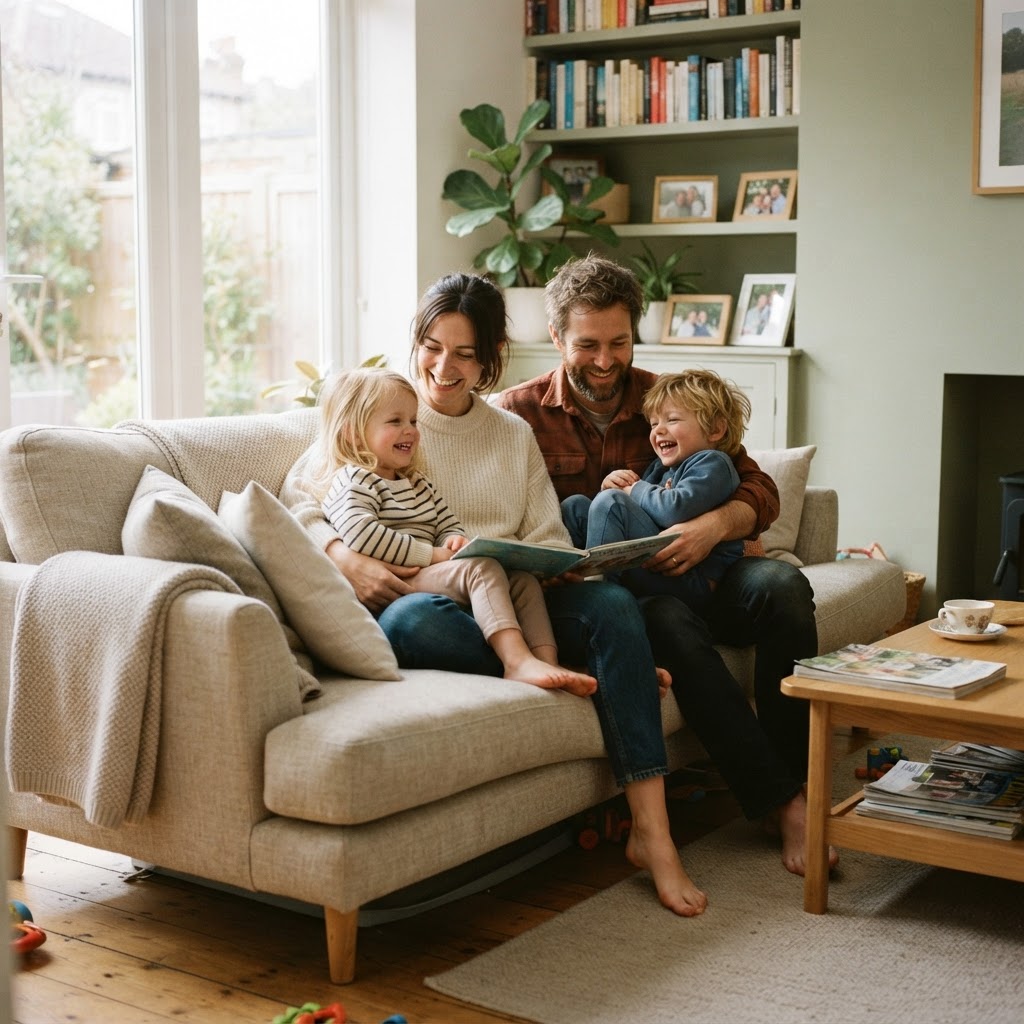 A family relaxing together on the sofa at home, representing planning ahead to protect loved ones