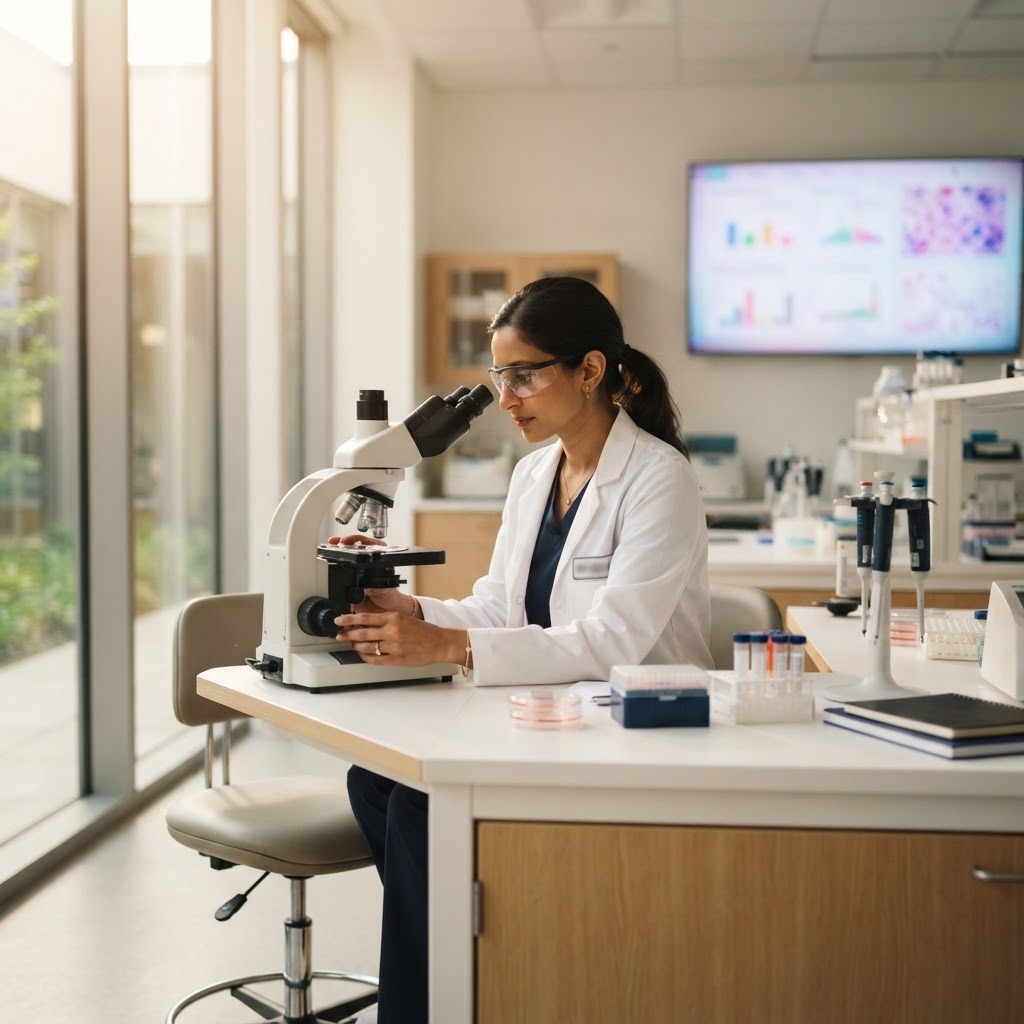 A researcher analysing cancer samples in a modern oncology laboratory