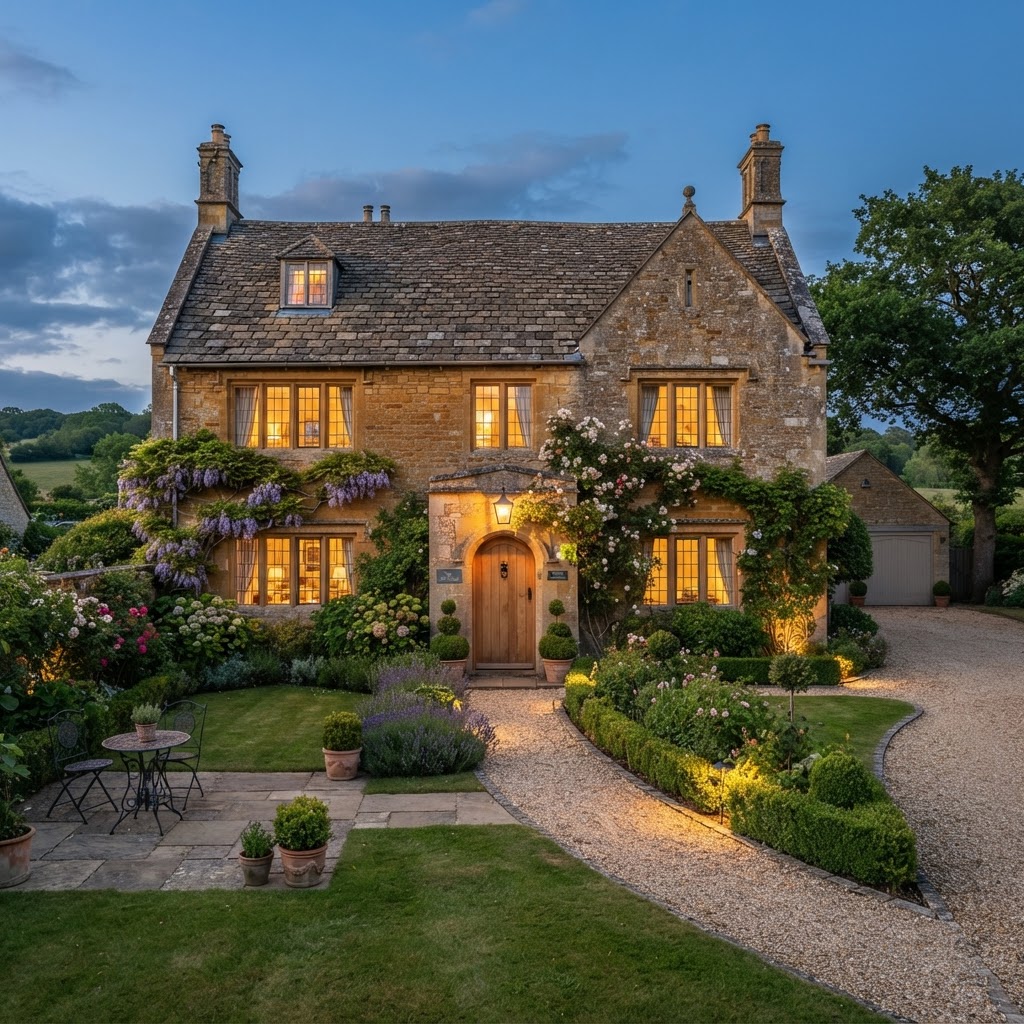 A beautiful character family home with inviting lit windows at evening