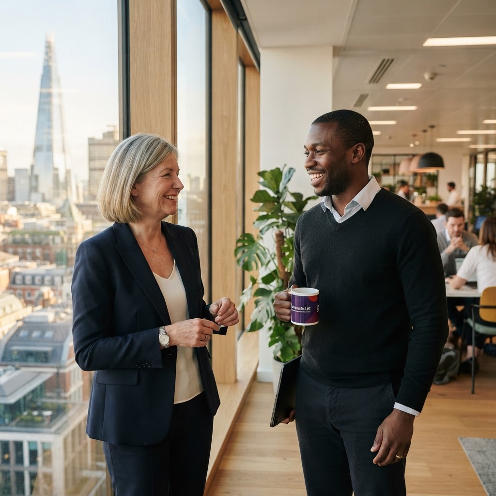 A company director in conversation with a valued employee in a modern office