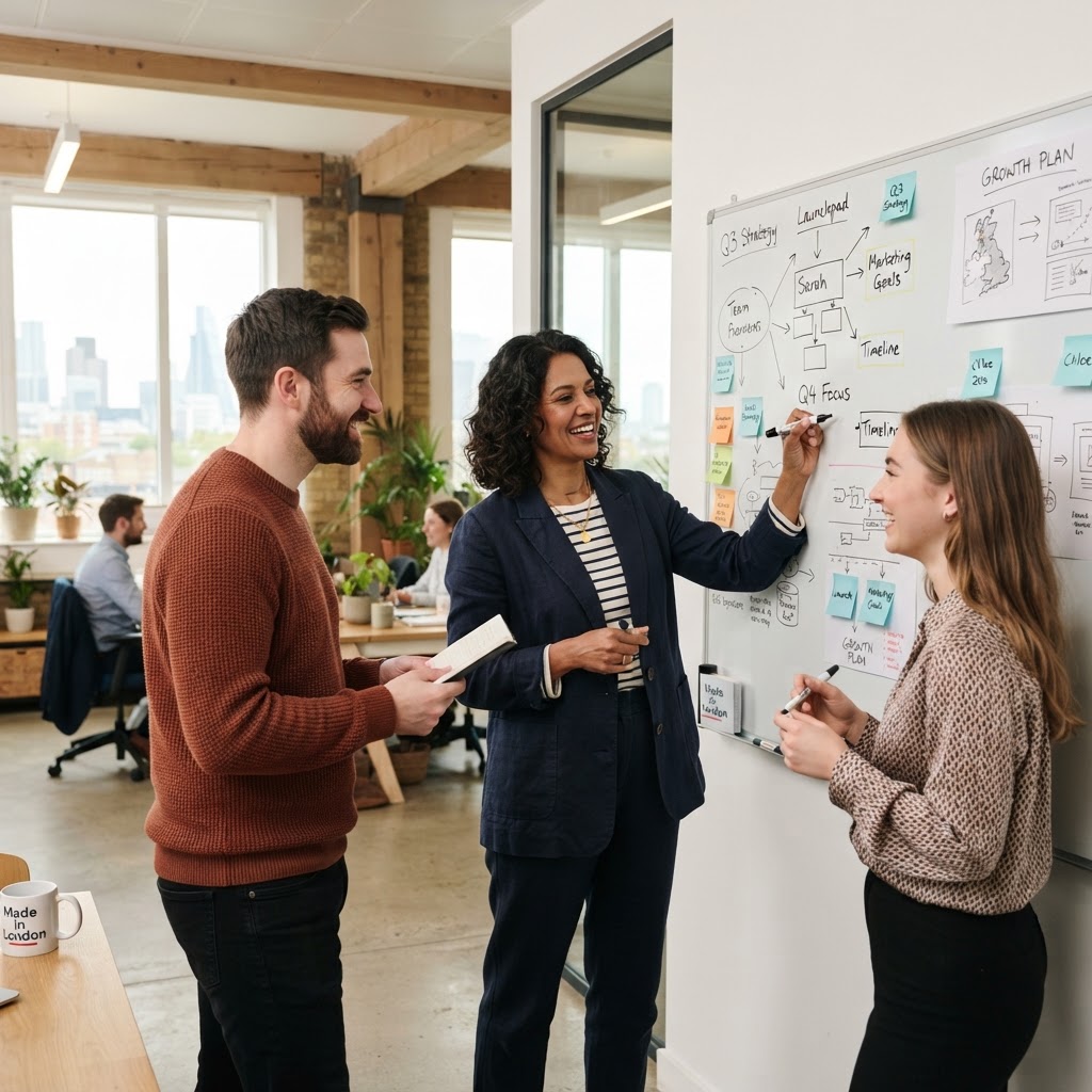 A small business owner working collaboratively with their team in a modern office
