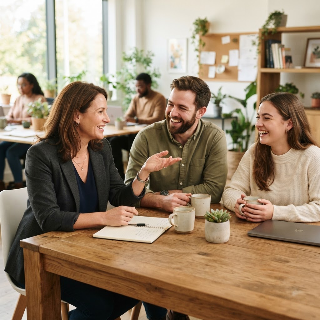 A small business team in a modern office, representing workplace health and wellbeing
