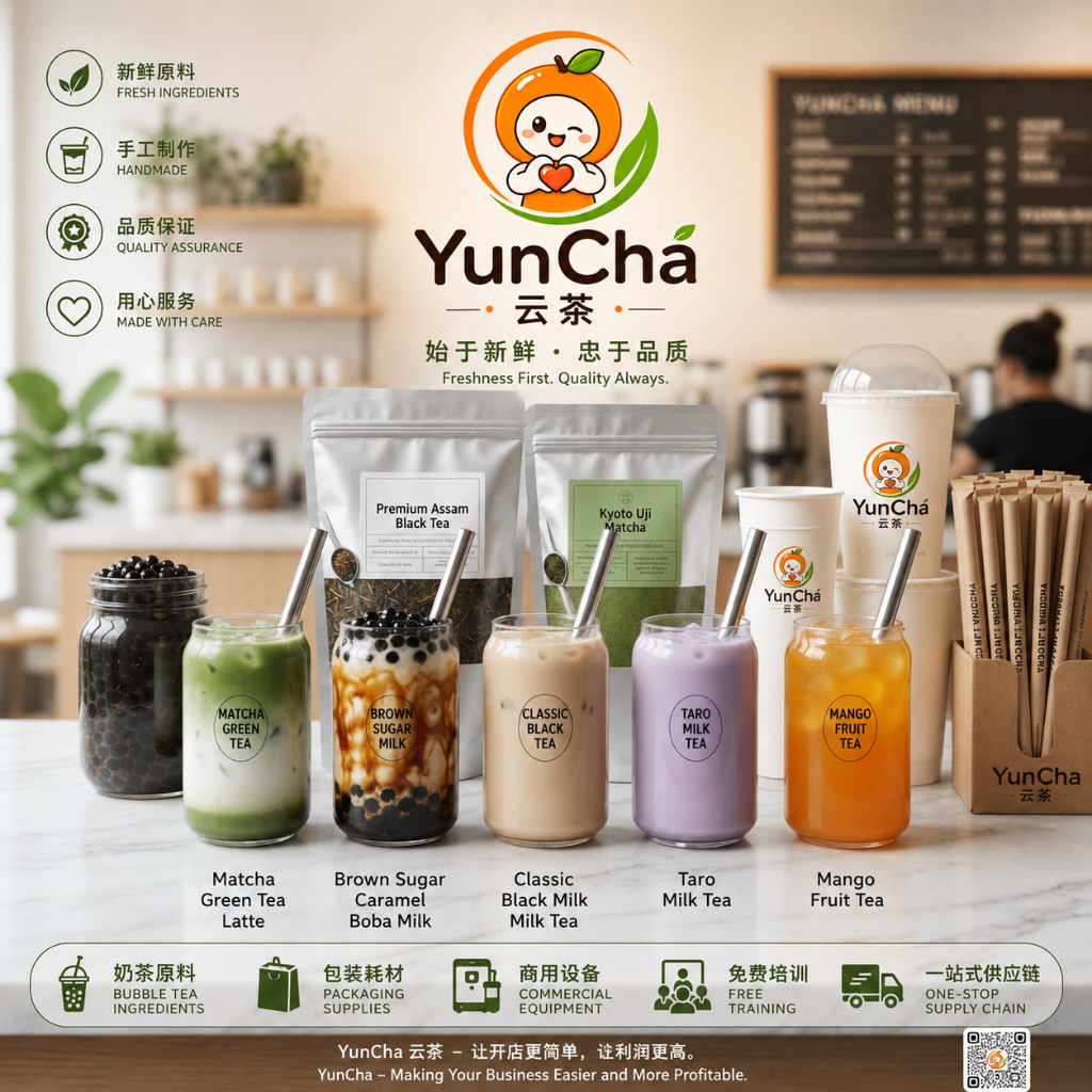 YunCha 产品系列:奶茶、原料、包装