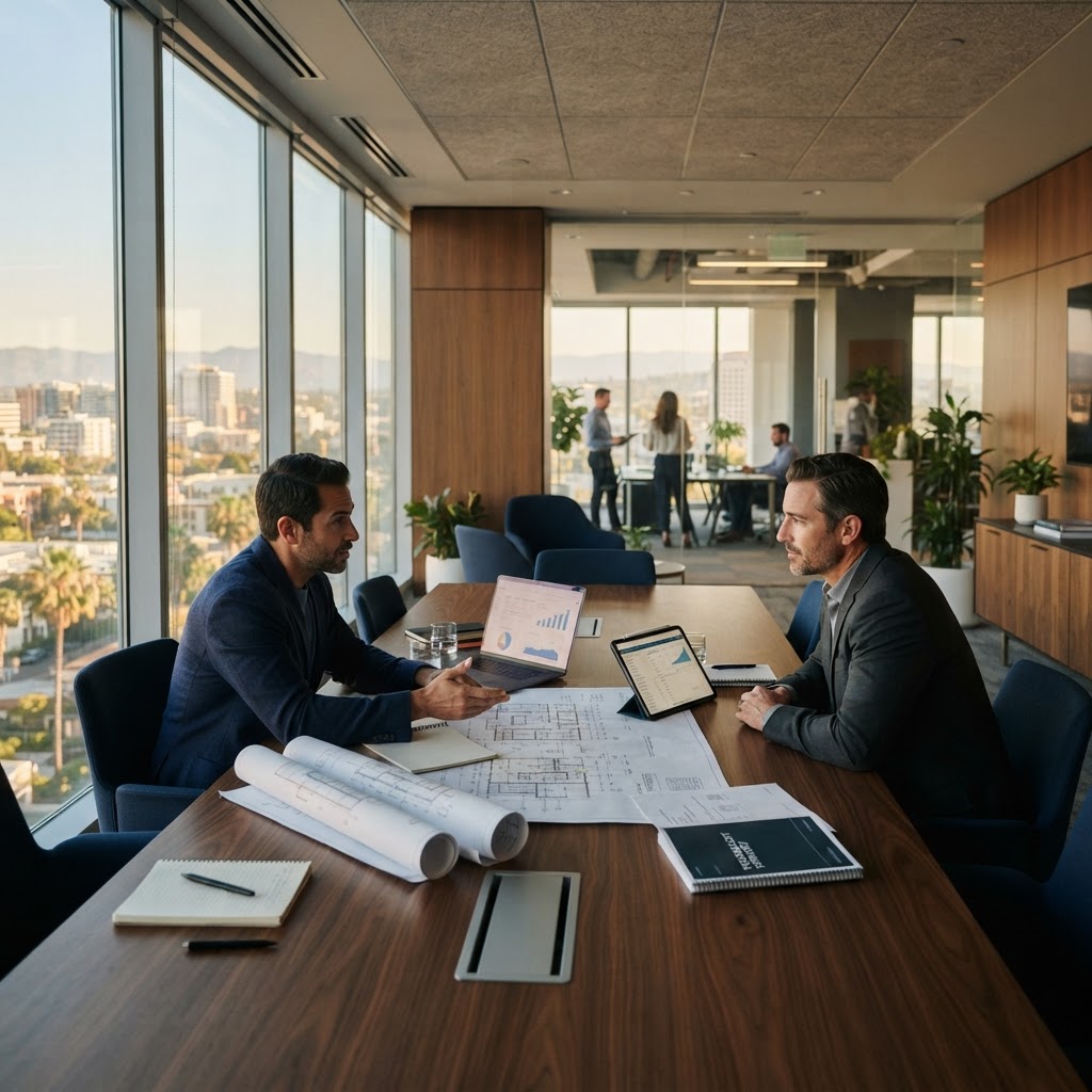 Business owner and adviser reviewing a technology plan in a modern Arizona office