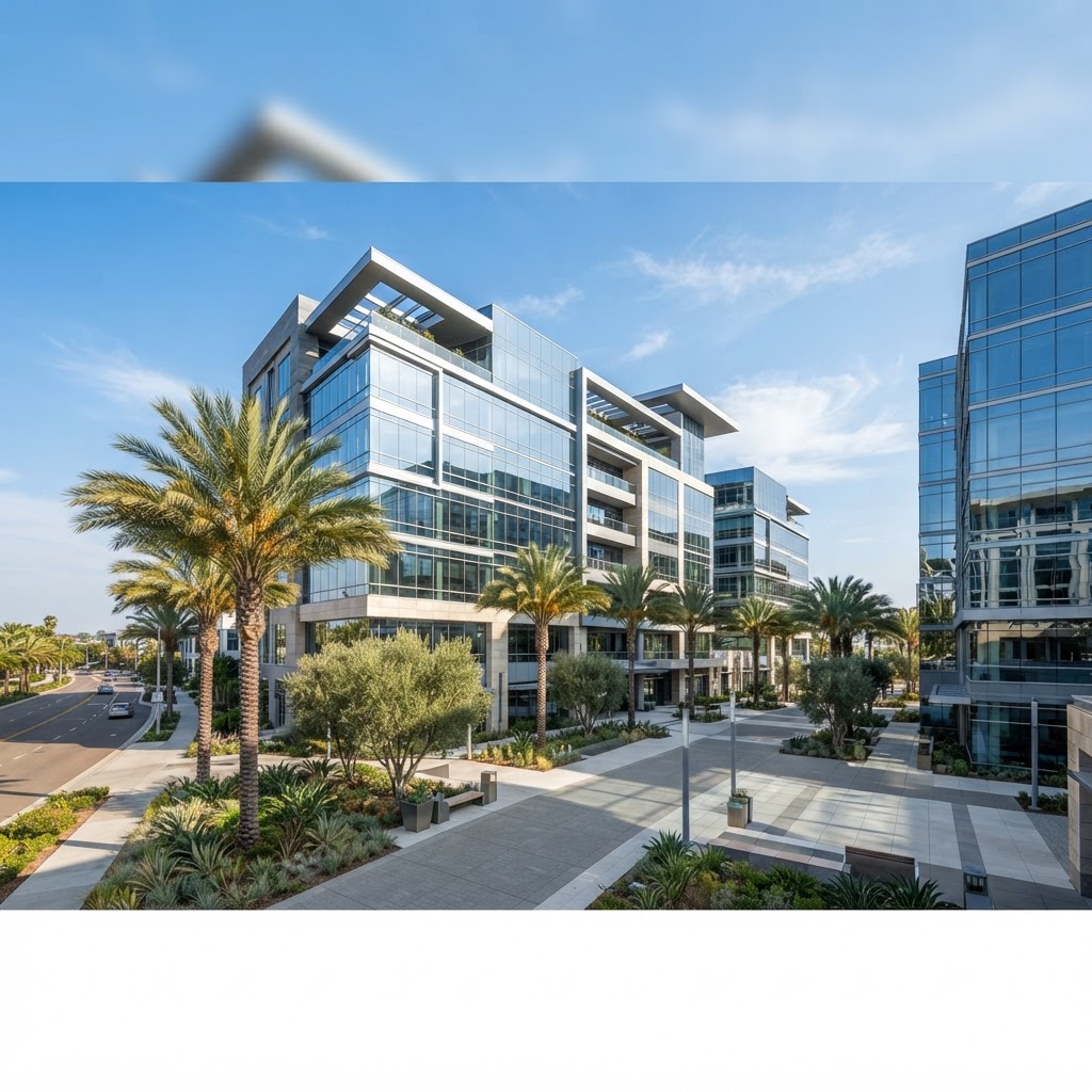 Modern Orange County business district with office buildings, palm trees and blue skies