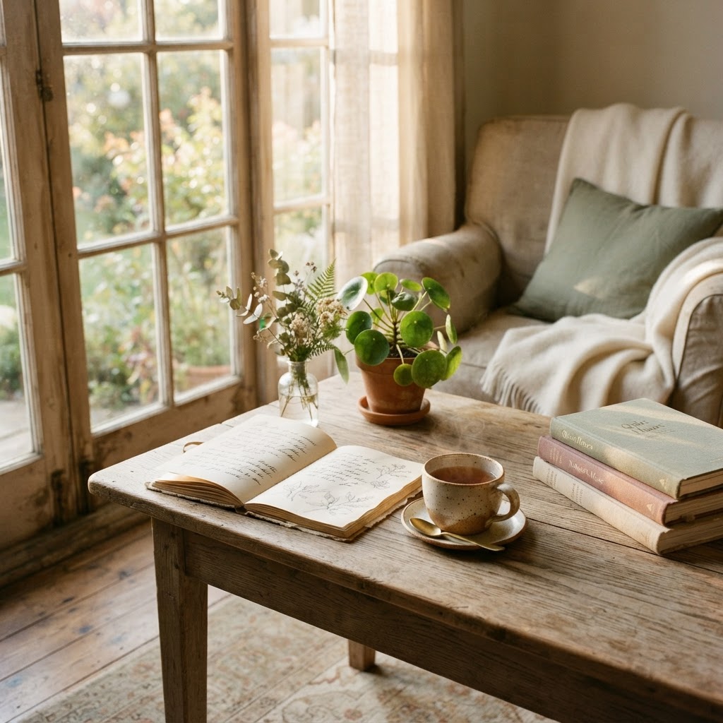 A cozy reading nook with soft morning sunlight, open journal, stack of books, warm tea, and natural textures of linen and wood