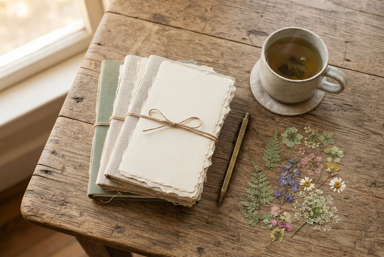 Flatlay of linen journals, ceramic mug of green tea, dried flowers, and brass pen on weathered wood