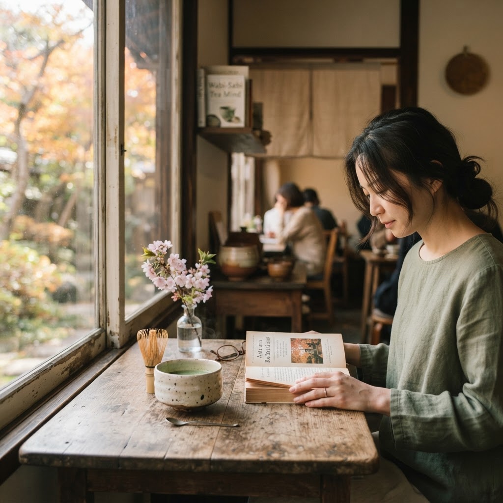 A cozy Japanese and Korean café scene with tea, books, and cherry blossoms