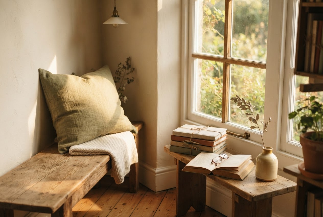 A sun-drenched reading nook with linen cushion and journals