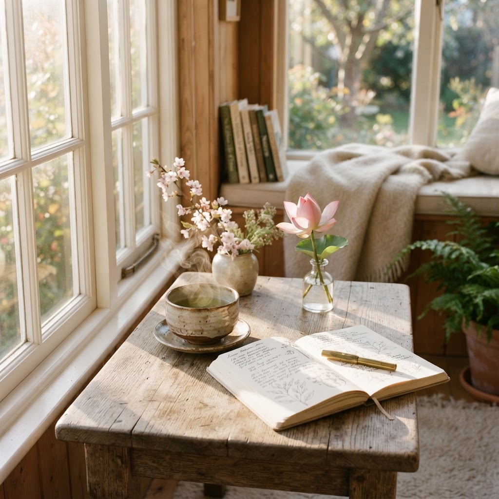 A steaming handmade ceramic tea bowl on a weathered wooden surface bathed in soft morning light