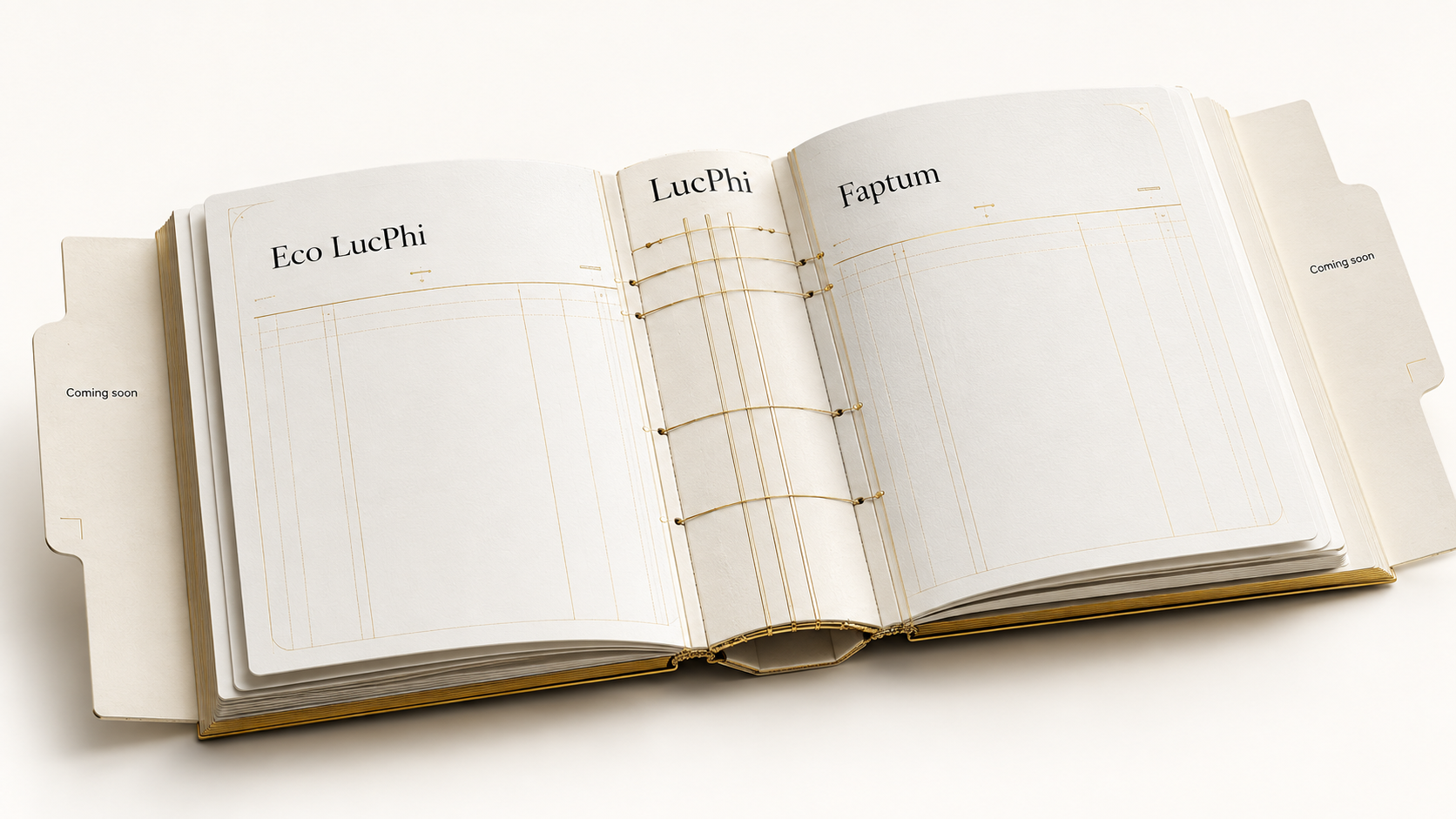 An open LucPhi ledger: Eco LucPhi on the left, Faptum on the right, joined by gold stitching.