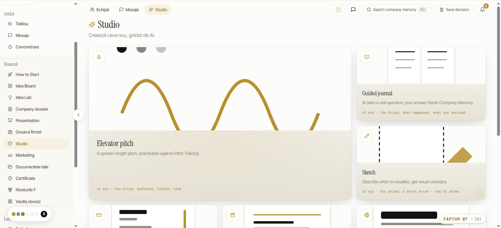Faptum Studio with elevator pitch, guided journal and sketch tools